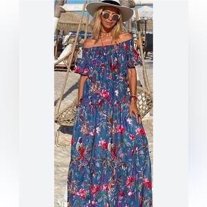 Guadalupe Design Smocked Maxi Dress Small Blue Floral Bird Print Off Shoulder